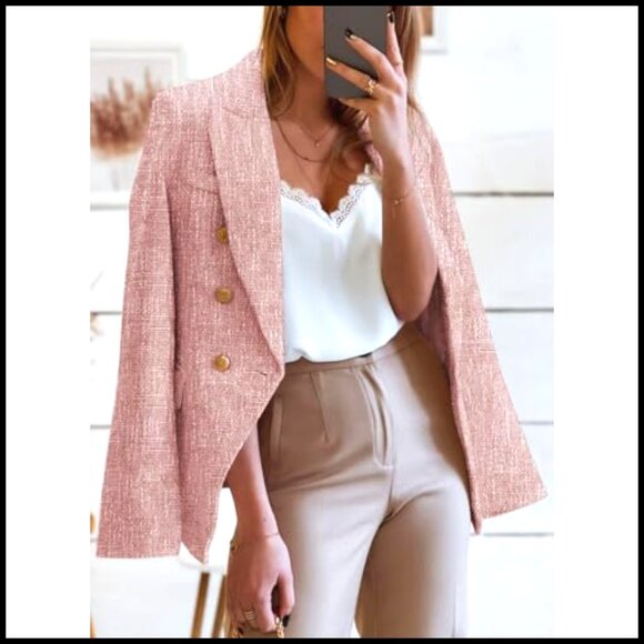 Tweed Blazer Double Breasted Slim Fit Long Sleeve Work Office Casual - Picture 2 of 7